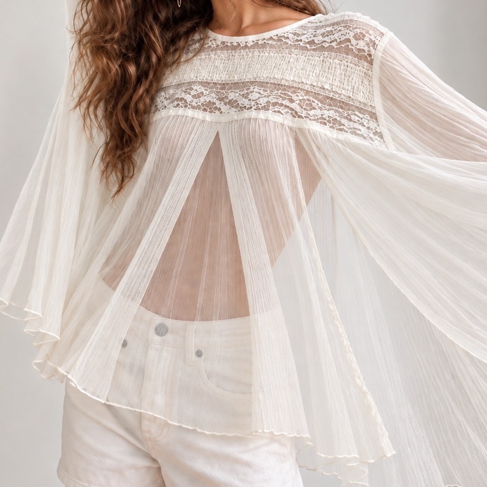 Free People Penny Lane Tunic Size Small Ivory/Off-White Sheer Lace Boho